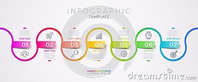 Infographic template design with business icons. Flow chart with seven options or steps. Infographic business concept. Vector Illustration